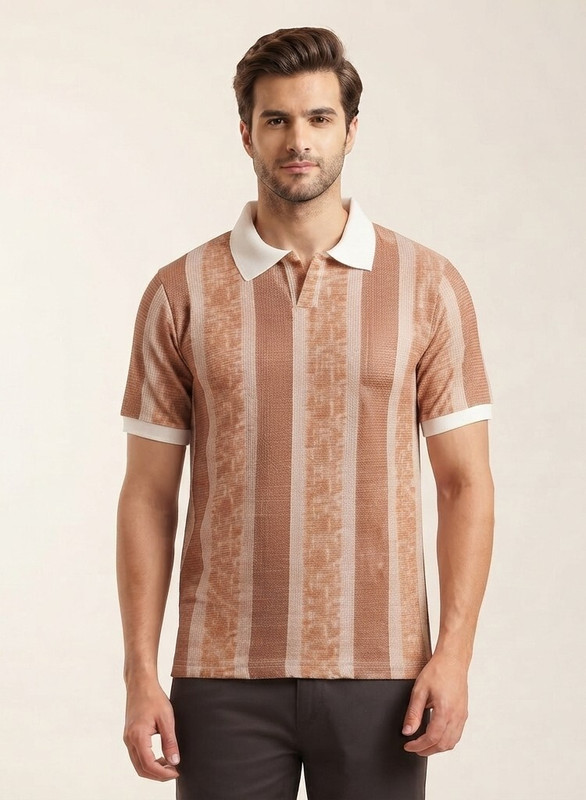 INDUS WORLD Striped Men Polo Neck Brown T-Shirt