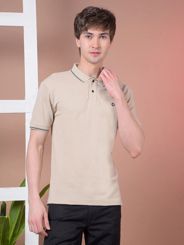 Dollar Solid Men Polo Neck Beige T-Shirt