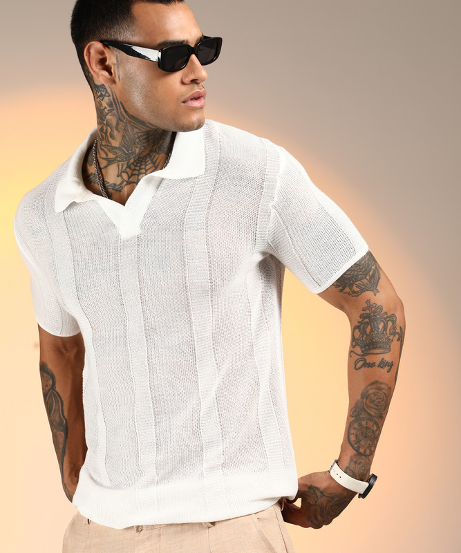 CAMPUS SUTRA Self Design Men Polo Neck White T-Shirt