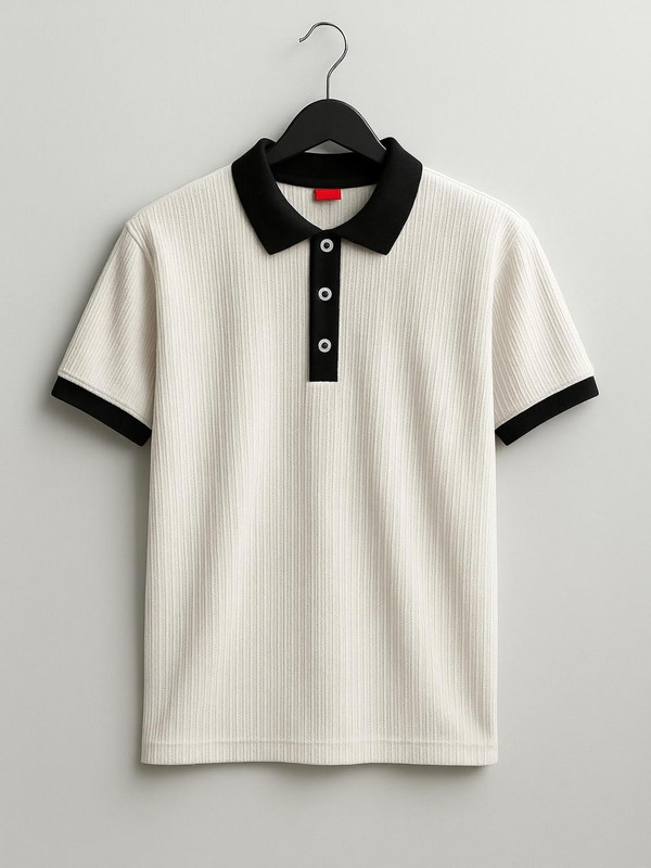 Try This Striped Men Polo Neck Beige T-Shirt