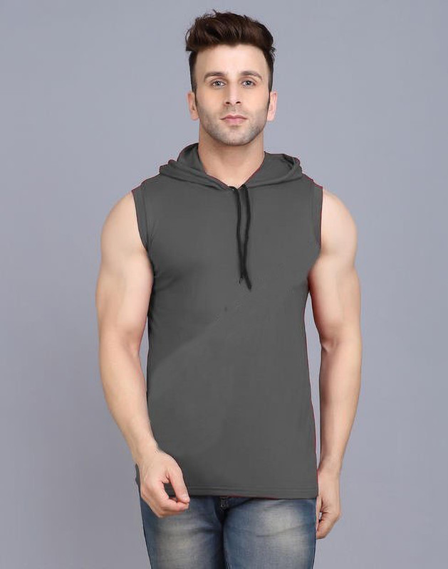 crafted india Solid Men Hooded Neck Grey T-Shirt