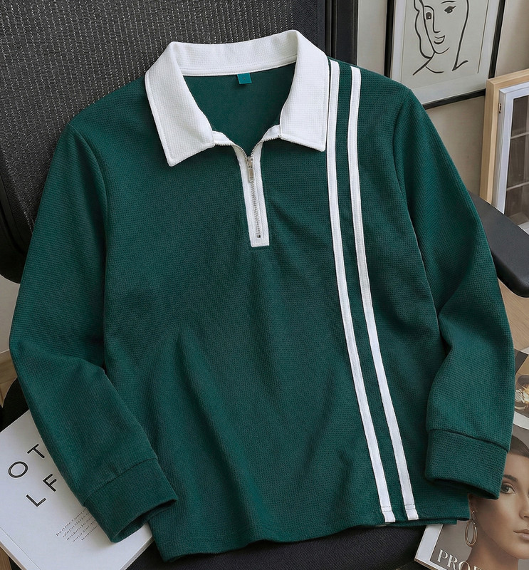 Try This Striped Men Zip Neck Green, White T-Shirt