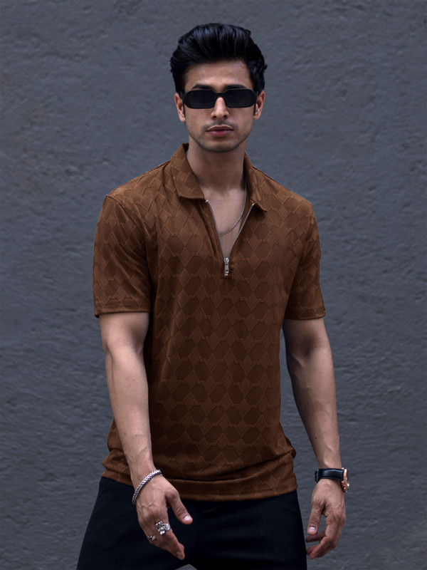 MANIAC Self Design Men Polo Neck Brown T-Shirt