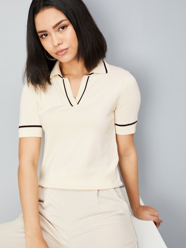 Max Striped Women Round Neck Beige T-shirt