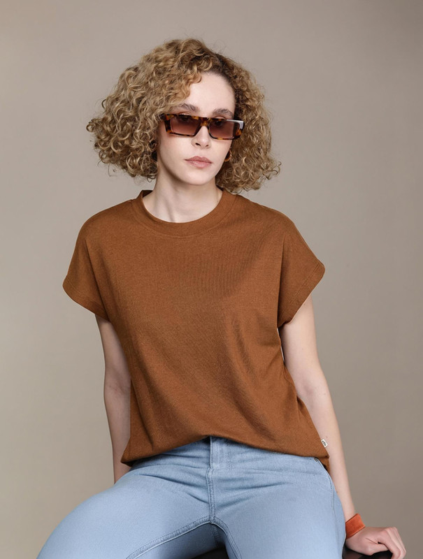 Roadster Self Design Women Round Neck Brown T-Shirt