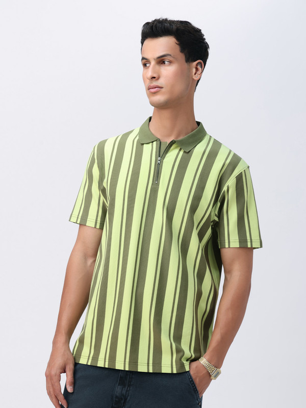 The Souled Store Striped Men Polo Neck Green T-Shirt