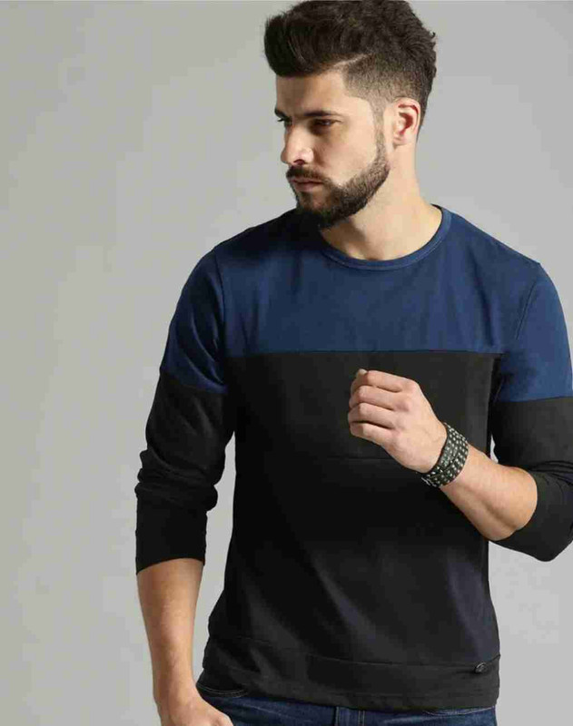 HouseOfCommon Colorblock Men Round Neck Blue, Black T-Shirt