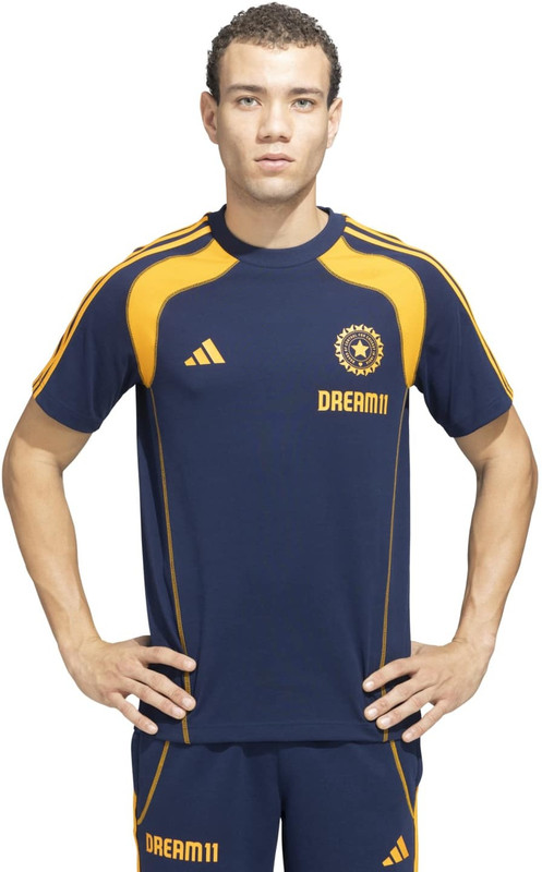 ADIDAS Solid, Striped Men Round Neck Blue T-Shirt