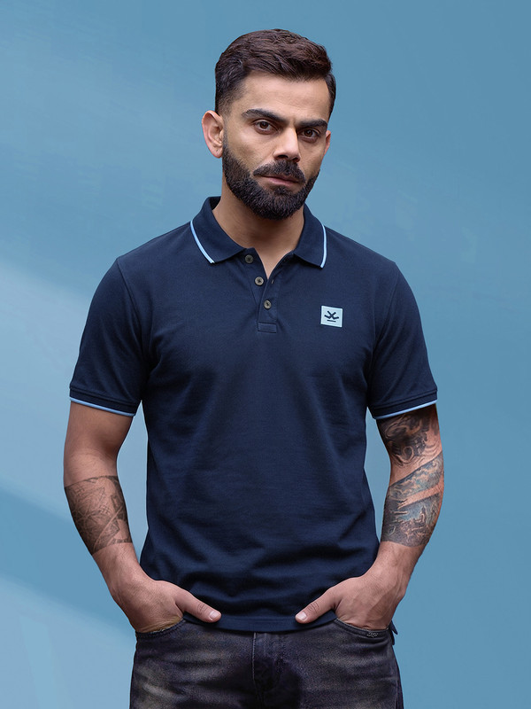 WROGN Solid Men Polo Neck Blue T-Shirt