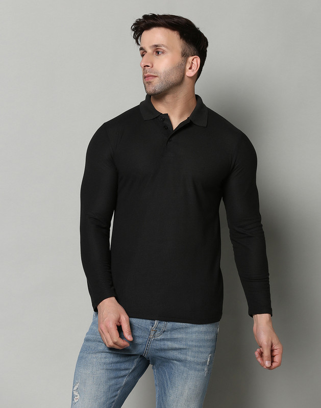 INKKR Solid Men Polo Neck Black T-Shirt