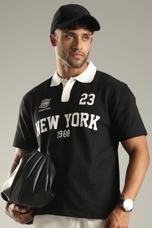 SHINX Typography, Striped, Graphic Print Men Polo Neck White, Multicolor T-Shirt