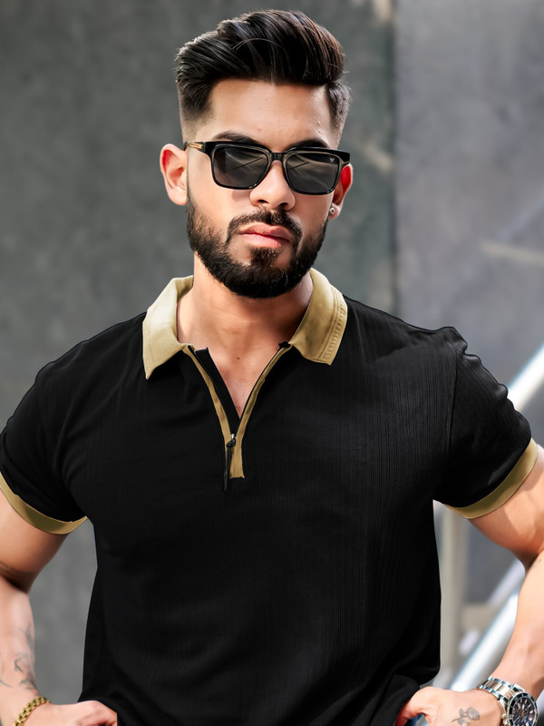 MANIAC Solid Men Polo Neck Black T-Shirt
