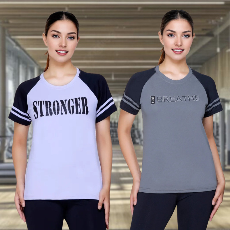 White Moon Graphic Print Women Round Neck Purple, Grey T-Shirt