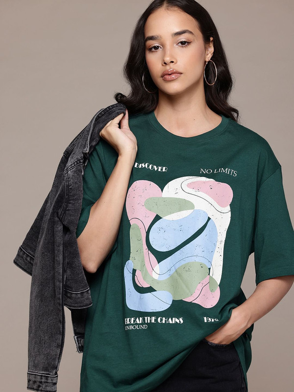 Roadster Printed Women Round Neck Green T-Shirt