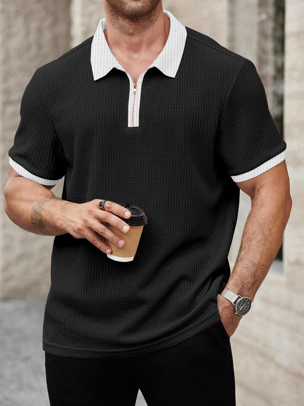 KAJARU Self Design Men Zip Neck White, Black T-Shirt