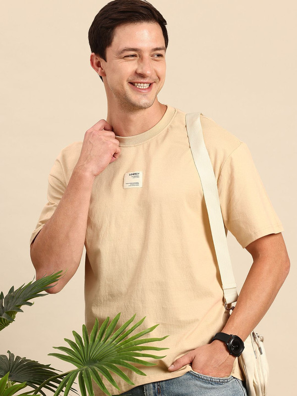 Mast & Harbour Solid Men Round Neck Beige T-Shirt