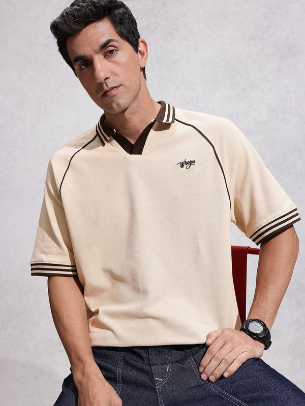 WROGN Striped Men Polo Neck Beige T-Shirt