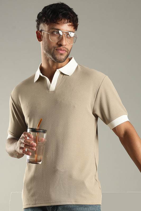 SHINX Solid Men Mandarin Collar Beige T-Shirt