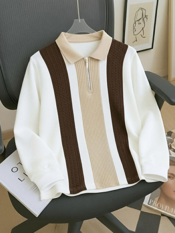 AUSK Colorblock Men Zip Neck White, Brown T-Shirt