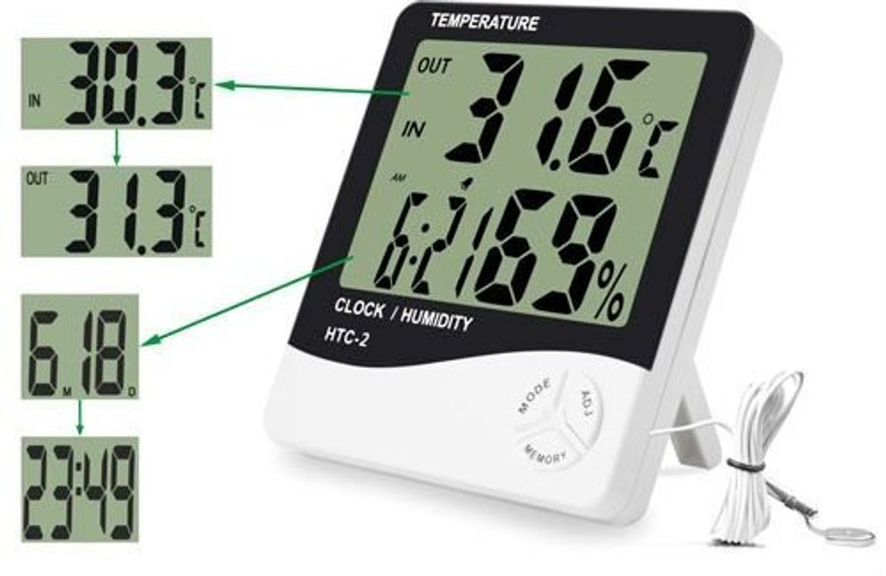 EIS Plastic Abstract Themed LCD Digital Temperature Big Display Humidity Meter with Clock/Calendar (HTC-2) Meter and Plastic Digital Clock with Alarm Sensor Pin-Type Digital Moisture Measurer(1.5 mm)