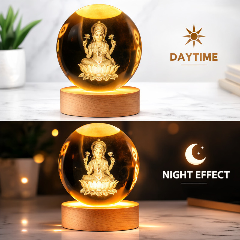 MKecom 3D Crystal Ball Lakshmi Lamp with Wooden Base – USB Powered LED Night Light | Night Lamp(9 cm, Multicolor)