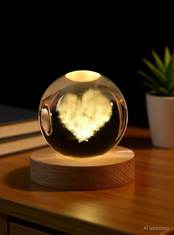 HENVE Glowing Heart Crystal Ball 3DCarved Light with Wood Base Decorative Gift forKids Night Lamp(8 cm, Multicolor)