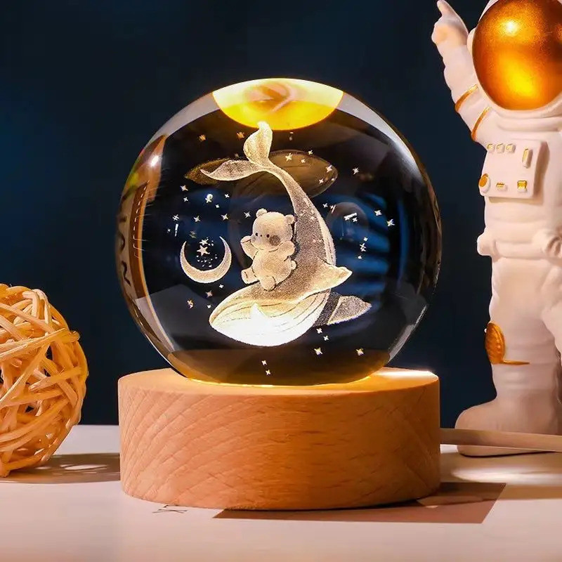 SHOPOGENIX 3D Crystal Ball Lamp with Wooden Base Bear and Dolphins Galaxy Models Night Lamp(8 cm, Yellow Color, Warm Light)