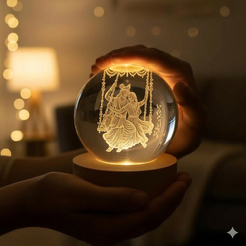 SAREEKART FAB 3D Radha Krishna Crystal Ball Night Lamp USB LED Light Decorative Gift Night Lamp(8 cm, Gold)