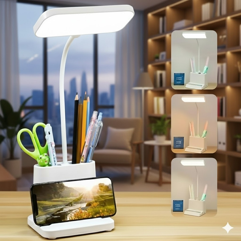 DIYALUX Plastic 3 Color Mode Led Study Table Desk Lamp For Students With Pen Study Lamp(36 cm, White)