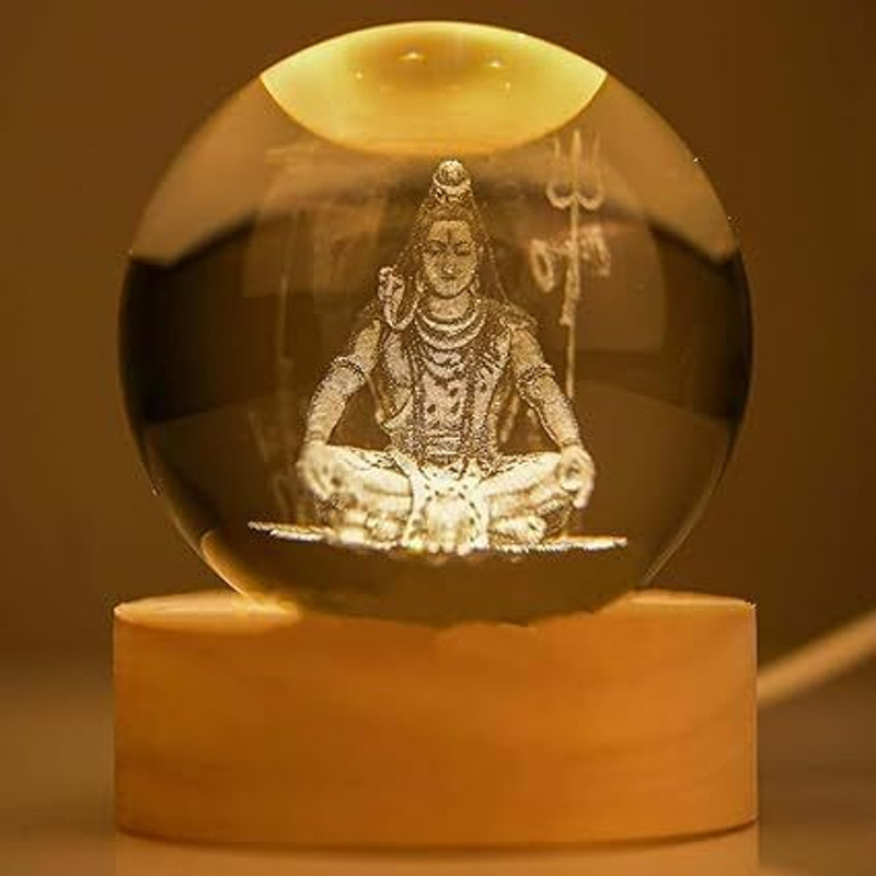 ZencraftWorks 3D Crystal Lord Shiva Creative Engraved Crystal Ball Night Light Night Lamp(12 cm, Gold)