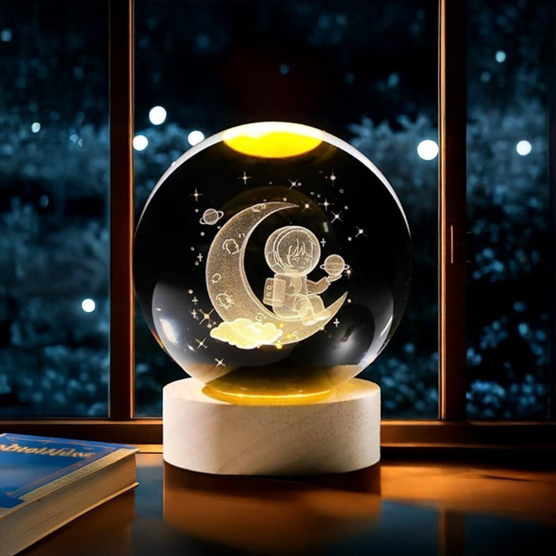 Dwiza Enterprise 3D Galaxy Crystal Ball USB Wooden Base Home Decoration Table Lamp Night Lamp(7.1 cm, White & Yellow)
