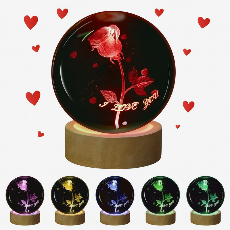 SS Products 3D Crystal Ball Multicolour ‘I Love You’ Rose | LED Decorative Gift Showpiece Night Lamp(6 cm, Multicolor)