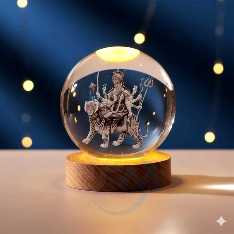 ARSENTERPRISES Crystal Durga Maa Lamp Engraved LED Globe Lamp, USB Wooden Base Night Lamp(6 cm, Yellow)