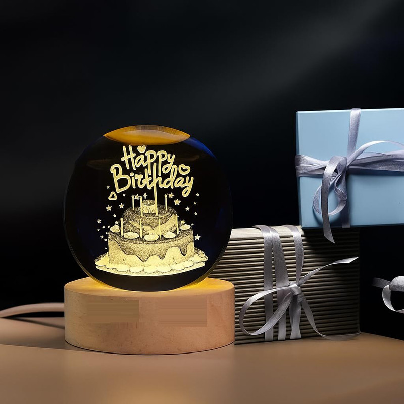 MSNB 3D Happy Birthday Crystal Ball Light – LED Decorative Party Lamp Table Lamp(8 cm, Gold)
