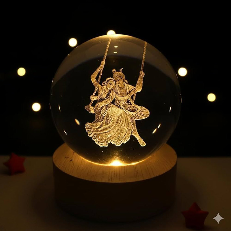 Dream Decor 3D Crystal Ball Night Lamp with Radha Krishna Table Lamp(8 cm, Yellow)