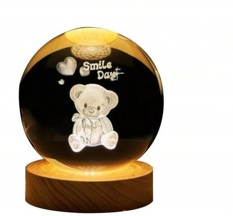 YCVARIYAENTERPRISE Teddy Bear Crystal Ball, Night Lamp with Led Woodern Base Night Lamp Night Lamp(8.5 cm, Yellow)