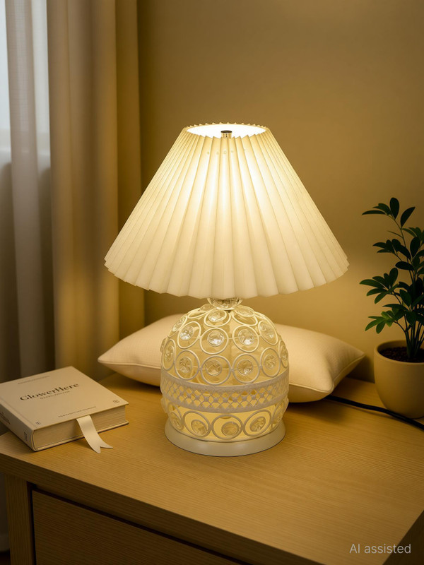 Glowhere Crystal Table Lamp, White Pleated Shade, Perfect for Bedroom & Living Room Table Lamp(34.2 cm, White)