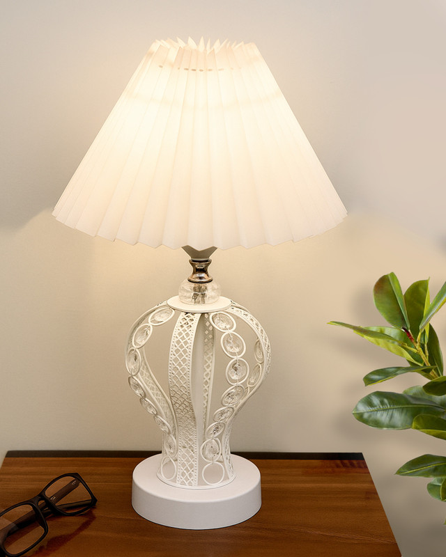 Homesake Modern Crystal Table Lamp | White Pleated Shade, Bedside & Desk Light Night Lamp(34 cm, White)