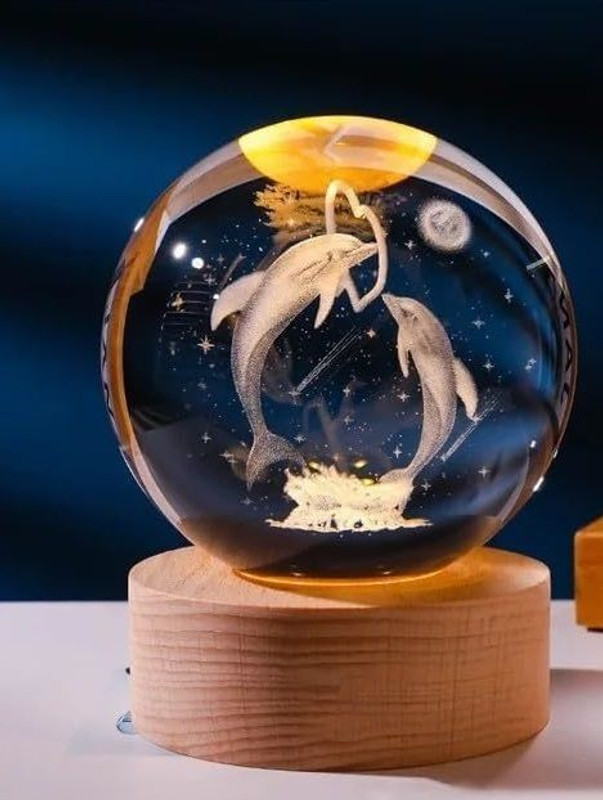 VRTREND 3D Crystal Ball Dolphin Luminous Lamp with Wooden Base Night Lamp Night Lamp(10 cm, Multicolor)
