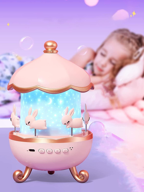 Space Age Bunny Carousel Night Light Projector | 6 Set Films Rotating LED Night Lamp(10 cm, Rotatable Rabbit Night Lamp for Kids Multicolor)