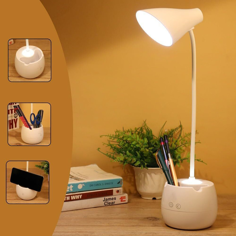 FIRSTLIKE Study Desk Light with 360 Degree Flexible, Modern Touch Control, Advanced Pen and Mobile Holder Design with Night Lamp Table Lamp(All in one Table Lamp) Study Lamp(45 cm, White)