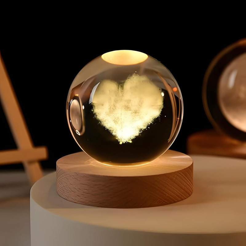 AZTORA 3D Love Heart Crystal Ball Night Lamp Night Lamp(8 cm, White, warm yellow)
