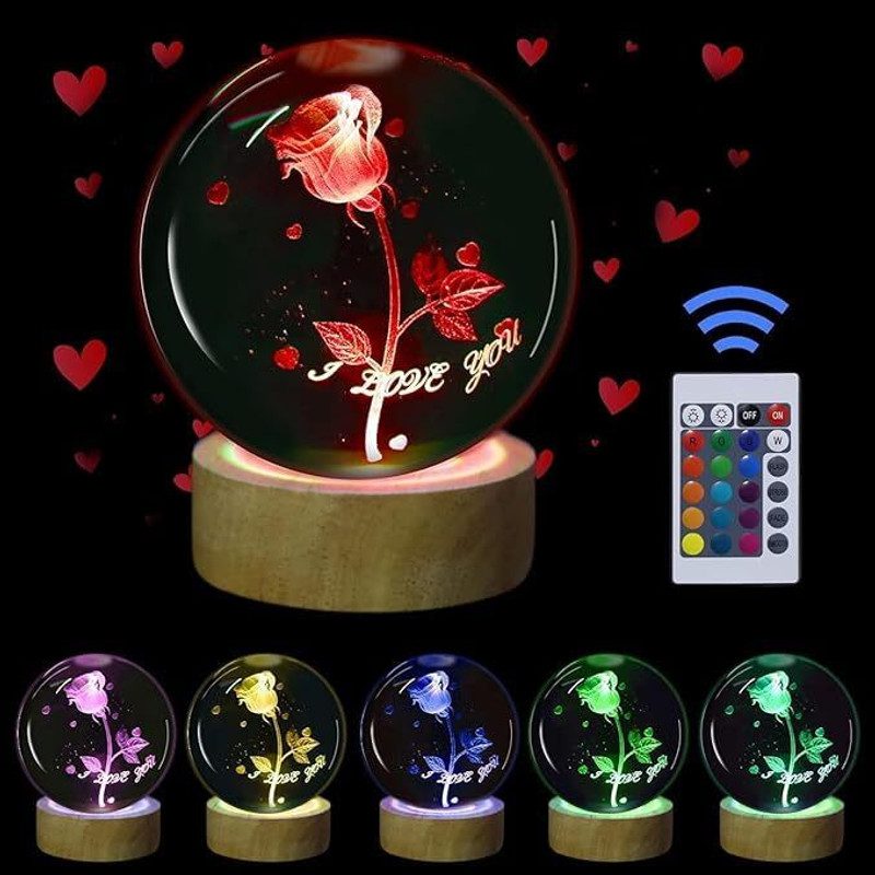 STARKENDY Galaxy Universe Crystal Rose Ball 3D Glass Light Wood Base, Home Decoration Night Lamp(6 cm, Rose Ball)