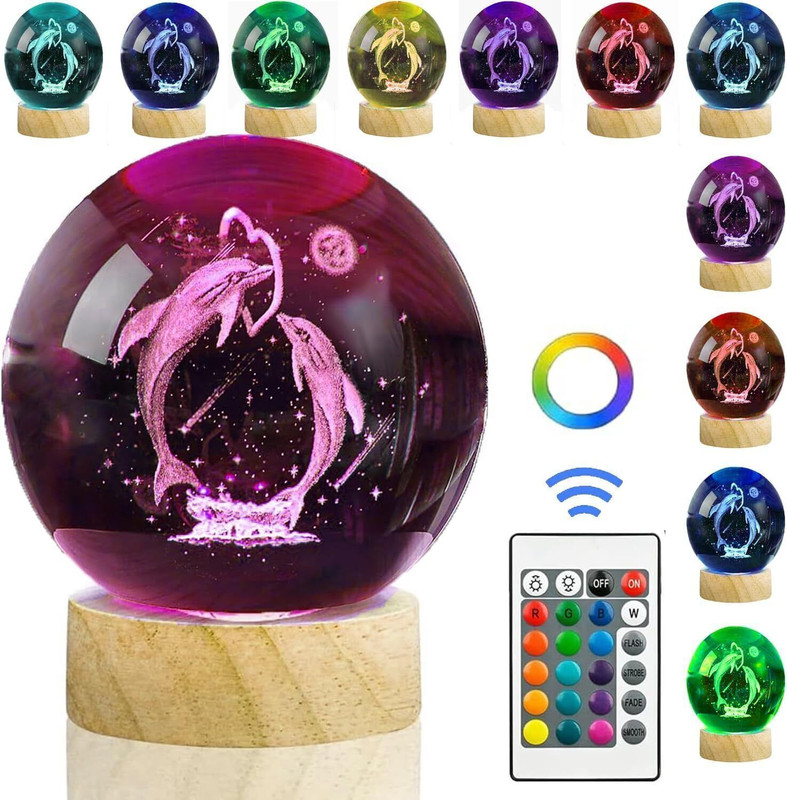 STARKENDY 16 Colors 3D Crystal Ball Lamp Dolphin Lamps with Woodern Base Remote Control Night Lamp(7 cm, 16)