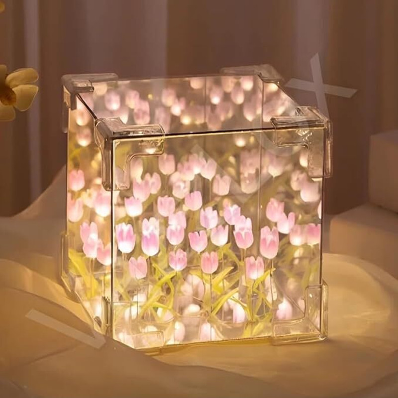 DIGICOP Tulip lamp Cube Mirror Lamp, 20 Flowers LED Decorative (Multicolor) Night Lamp(20 cm, White)