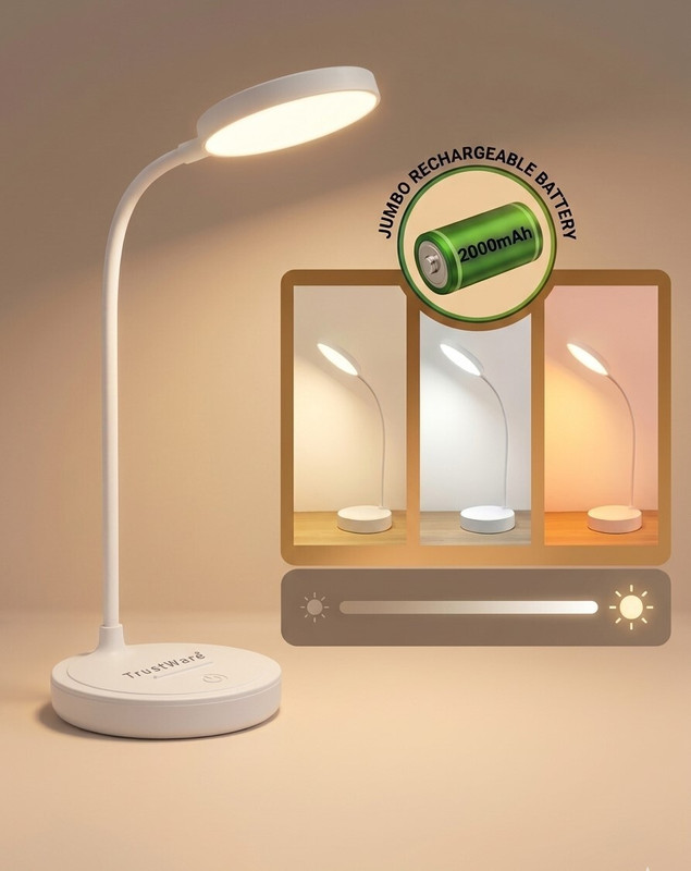 Trust Ware White LED Table Lamp – 3 Brightness Modes, Touch Control, Rechargeable Study Lamp(36 cm, White)