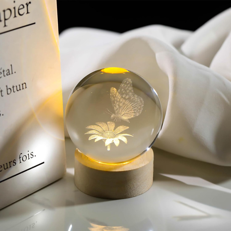 Luxula 3D Sunflower with Butterfly Crystal Light Night Glass Ball Night Lamp Wood Base Night Lamp(6 cm, Yellow)