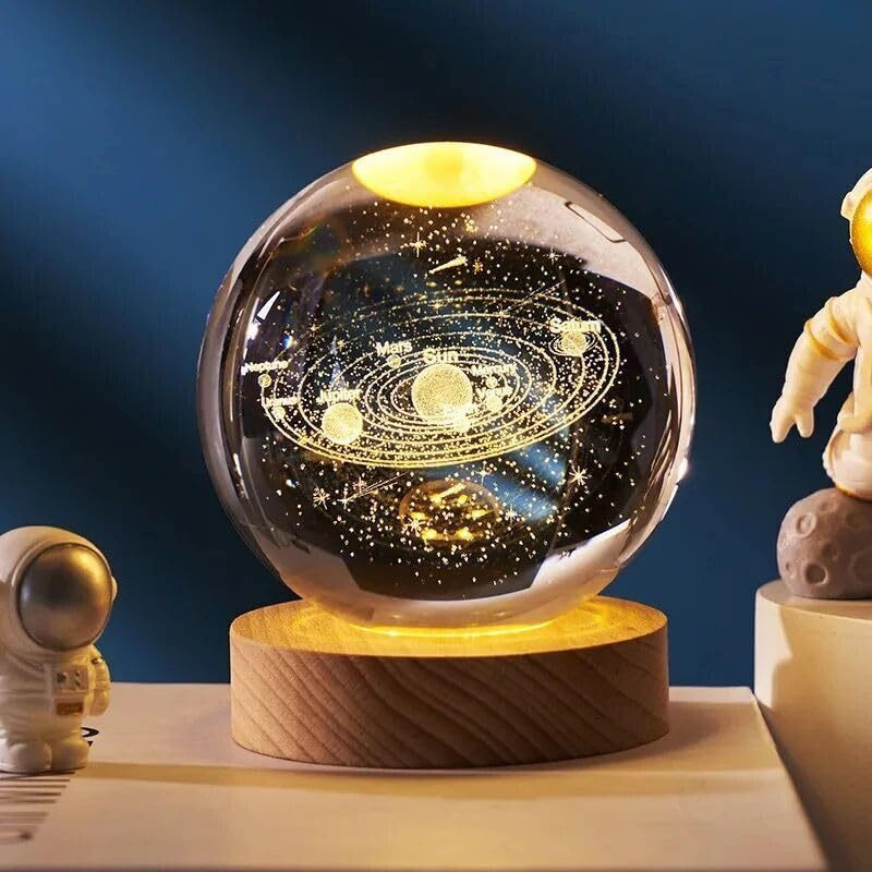 Divine Creations 3D Solar System Crystal Ball with Wooden LED Base - Ideal Decor for Home Night Lamp(8 cm, Yellow)