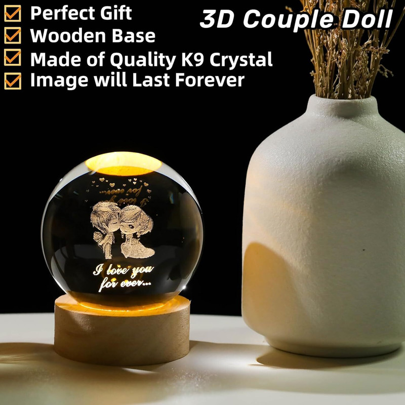 SHOPOGENIX 6CM 3D Lovers Crystal Ball with Led Wood Base Home Decoration,Brithday Gift Night Lamp(8 cm, Yellow)