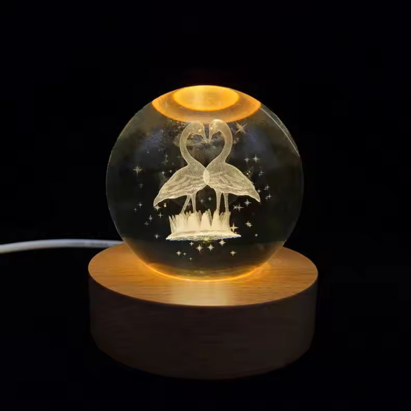 Wengonvila Love Flamingo 3D Crystal Ball Light for Home Decoration LED Wood Base Night Lamp(8 cm, Yellow Color, Warm Light)